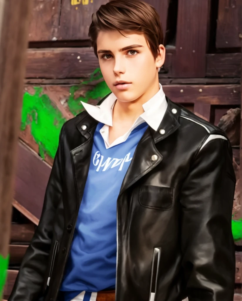 Boy with brown hair combed to the side, uniforme escolar con una camisa blanca y un chaleco escolar de color azul, brown pants with black motorcycle boots, ojos marrones y una chaqueta de cierro de color negro encima del chaleco azul.
