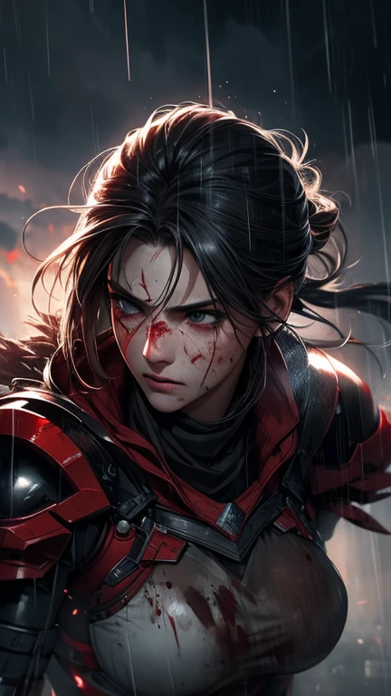 create an intense breath-taking picture of a female warrior after bloody war, blood on her face, really tired expression, rain and thunder raging, watercolor effect, HD, 4K