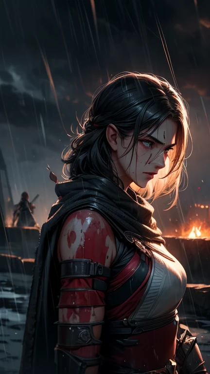 create an intense breath-taking picture of a female warrior after bloody war, blood on her face, really tired expression, rain and thunder raging, watercolor effect, HD, 4K