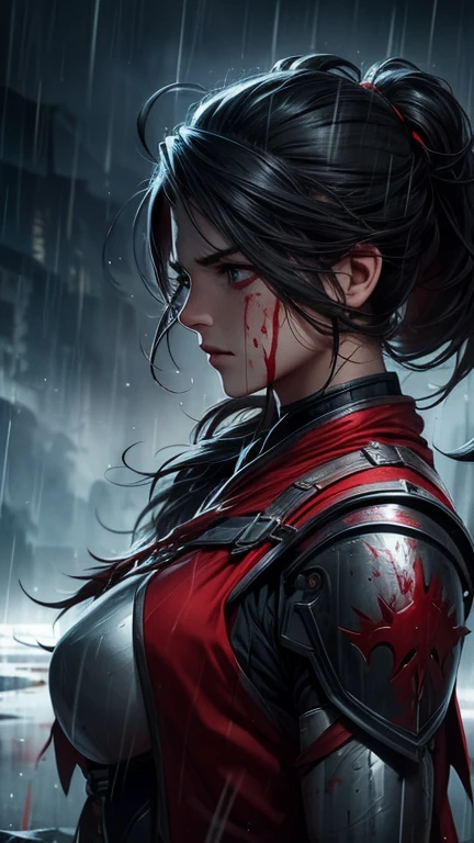 create an intense breath-taking picture of a female warrior after bloody war, blood on her face, really tired expression, rain and thunder raging, watercolor effect, HD, 4K