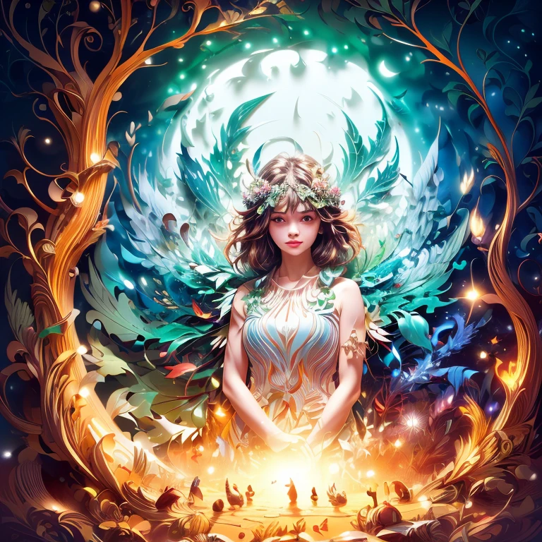 ((((masterpiece))), best quality, illustrations, beautiful details glow,paper_cut, tree-goddess, fantasy, Mother Earth, sunshine mix, leafy