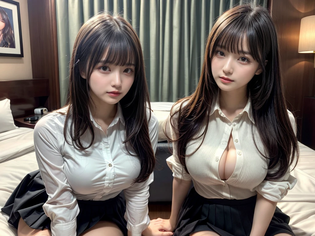 masterpiece, best quality, illustration, Super detailed, fine details, High resolution, 8K,wall paper, perfect dynamic composition,(Details High quality, realistic depiction of eyes:1.3), ((2 girls)),(collared shirt:1.1), pleated skirt, short bob hair、black hair color, Big Natural Color Lip, Play with each other,Touching each other's bodies,Touching the body of the girl next door,bold sexy pose, crying a little、20 year old girl、beautiful legs, hotel room, gravure idol, Voluptuous thighs, huge breasts, Don't expose it