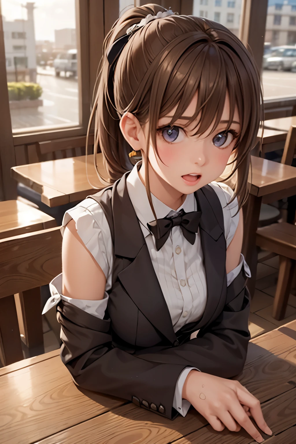 a girl with short ponytail laying in the table in a restaurant wearing formal suit, clear eye, perfect body, (look down at the viewer:0.8), (pureerosface_v1:0.2), detached sleeves, open mouth, bangs, 1girl, shiny skin, (masterpiece;1.0), (photorealistic:1.4), (sharp focus:1.2),