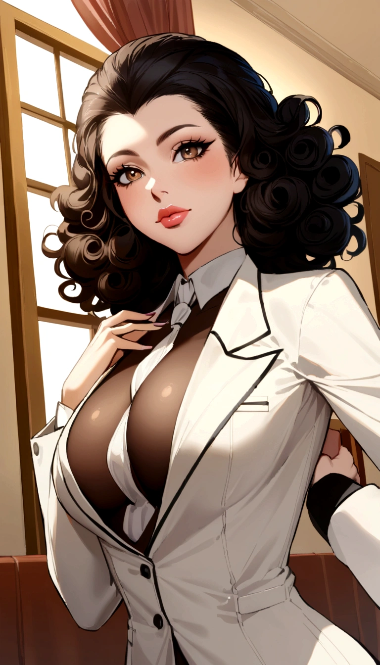 a woman from brazil, réaliste avec un corps humain, avec une peau marron, des cheveux marron curly un corps bien formé et de belle hanche, luscious lips and neat attire in professional attire