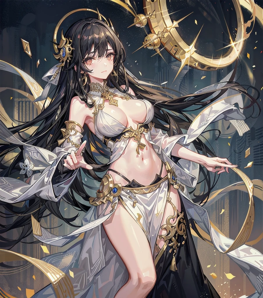 long short hair, black hair, medium tits, tearful mole, earring, whole body, gorgeous belly-dancer in jewelry-dress, white marble castle with golden ornates, Transparent white hanfu golden ornates, gold jewels,