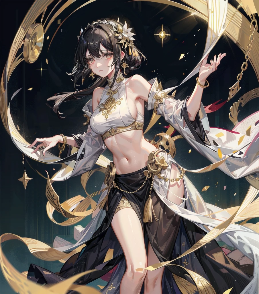 long short hair, black hair, medium tits, tearful mole, earring, whole body, gorgeous belly-dancer in jewelry-dress, white marble castle with golden ornates, Transparent white hanfu golden ornates, gold jewels,