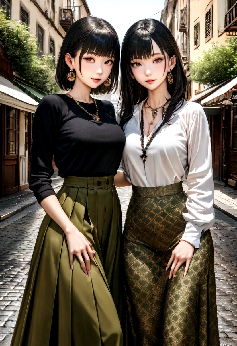 masterpiece, best quality, ultra detailed, 8k, HDR, raw photo, 1 girl, black hair, photo realistic, best face ever in the world, beautiful, detailed exquisite face, soft skin, earrings, necklace, nice body, nice legs, (perfect fingers:1.3), highly detailed, acmm ls outfit, wearing acmm top, olive green acmm top, long sleeves, wearing acmm long skirt, olive green acmm long skirt, printed skirt