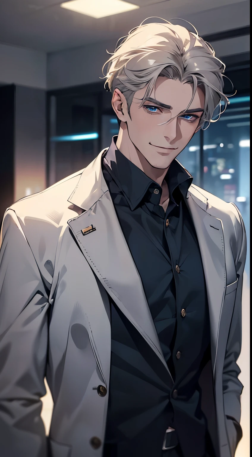 (best quality, masterpiece, 8K, photorealistic, cinematic lighting, 1:4 hdr image, ultra detailed, beautiful image), a mature man, 25 years very handsome, ((cold expression smile in love)), short grey hair, blue eyes, face perfect without mistakes, ((buttoning his jacket, CEO)), smile.