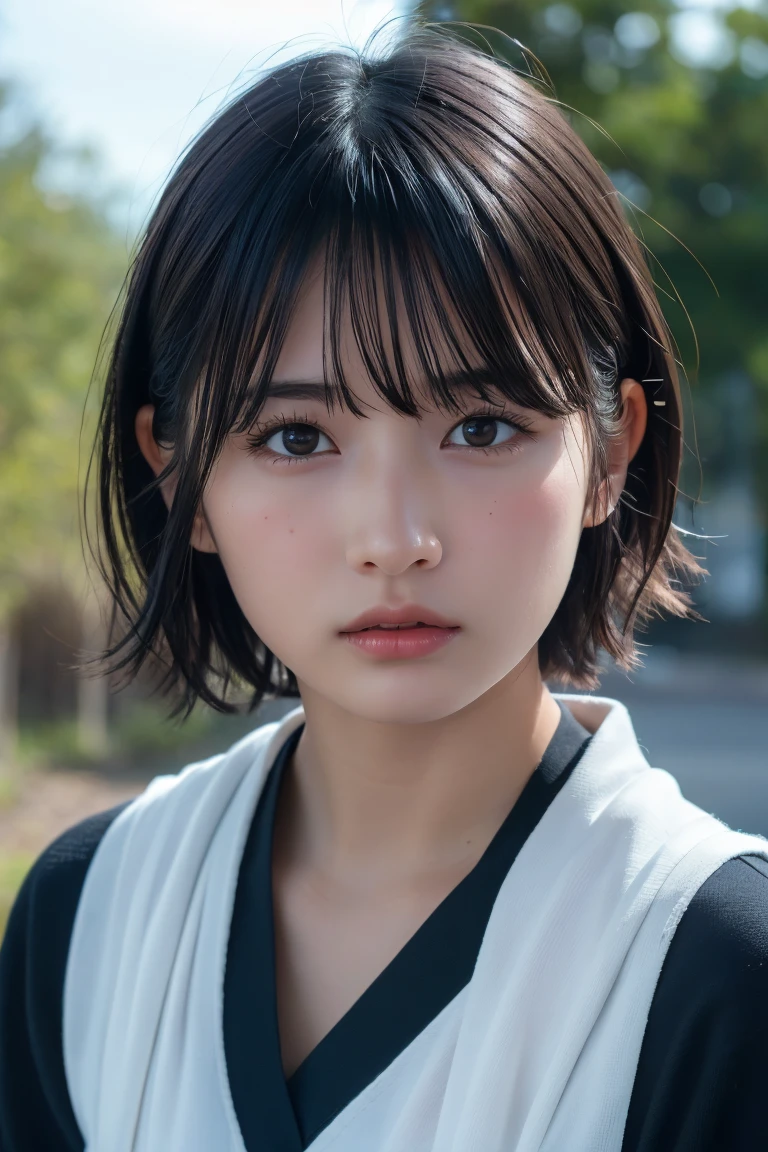, Long blown by the wind [Blue-black:.3] hair,View your viewers, (masterpiece:1.3), (8k, Realistic, RAW Photos, Highest quality: 1.4), Japanese, (One girl), Beautiful Face, (Realistic Face), (black hair, short hair:1.3), beautiful hairstyle, Realistic eyes, Beautiful attention to detail, (Realistic Skin), Beautiful Skin, Charm, Ultra-high resolution, Ultra-realistic, Very detailed, Baby Face, cute, The eyes are small