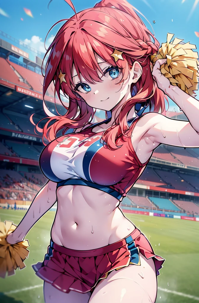 itsukinakano, Itsuki Nakano, bangs, blue eyes, hair between eyes, Ahoge, Redhead, star \(symbol\), happy smile, smile, Open your mouth,hair ornaments, star hair ornaments,(cheer leading), (whole body), Big Breasts, Lower, (Sweaty), Sweaty Wet Clothes (Red clothes),  No sleeve,Belly button support, playground, (Jump), (Jump), 足を曲げてJumpする, air, blue sky, Grass原, smileのチアリーダー, Pom-pom \(cheer leading\), Grass, whole bodyがイラストに入るように,crowd, people々々,
break outdoors, Stadium,
break looking at viewer, whole body,
break (masterpiece:1.2), Highest quality, High resolution, unity 8k wallpaper, (shape:0.8), (Fine and beautiful eyes:1.6), Highly detailed face, Perfect lighting, Highly detailed CG, (Perfect hands, Perfect Anatomy),