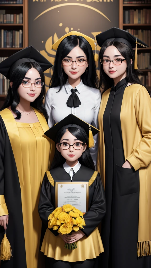 3D caricature big head disney pixar cartoon. A detailed image of a graduation scene featuring three individuals. The person on the left is an older woman wearing a black dress with golden brown patterns and a yellow hijab. She has an oval face with slightly full cheeks and wears glasses. She is holding a large bouquet of flowers tied with a ribbon. The person in the middle is a young woman in a black graduation gown with maroon and yellow trim, and a blue dress underneath. She wears a black graduation cap with a yellow tassel. She has long black hair, thick eyebrows, large eyes, and thin lips. A gold medal hangs around her neck, and she holds two diplomas. The person on the right is a man wearing a light brown jacket, a white shirt, and black pants. He has a round face, short black hair, and a broad smile. He stands holding the diploma with the middle person. The background features a modern interior with shelves and decor items.
