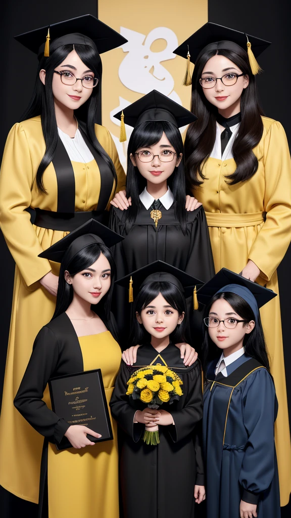 3D caricature big head disney pixar cartoon. A detailed image of a graduation scene featuring three individuals. The person on the left is an older woman wearing a black dress with golden brown patterns and a yellow hijab. She has an oval face with slightly full cheeks and wears glasses. She is holding a large bouquet of flowers tied with a ribbon. The person in the middle is a young woman in a black graduation gown with maroon and yellow trim, and a blue dress underneath. She wears a black graduation cap with a yellow tassel. She has long black hair, thick eyebrows, large eyes, and thin lips. A gold medal hangs around her neck, and she holds two diplomas. The person on the right is a man wearing a light brown jacket, a white shirt, and black pants. He has a round face, short black hair, and a broad smile. He stands holding the diploma with the middle person. The background features a modern interior with shelves and decor items.