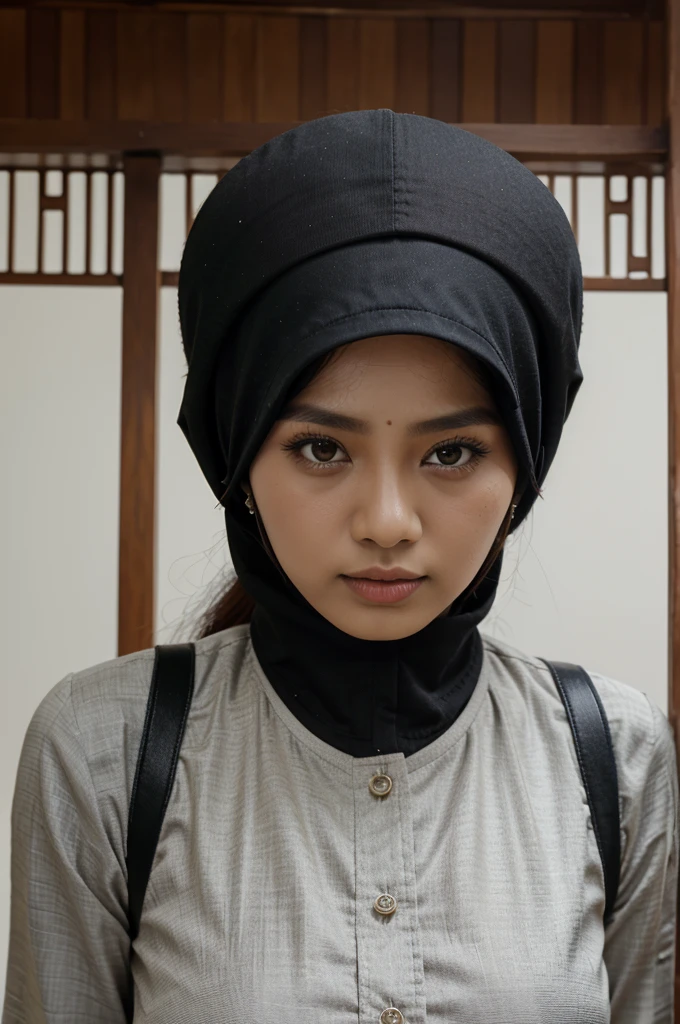 photo of an Indonesian hijab woman wearing a towel with a teenage boy