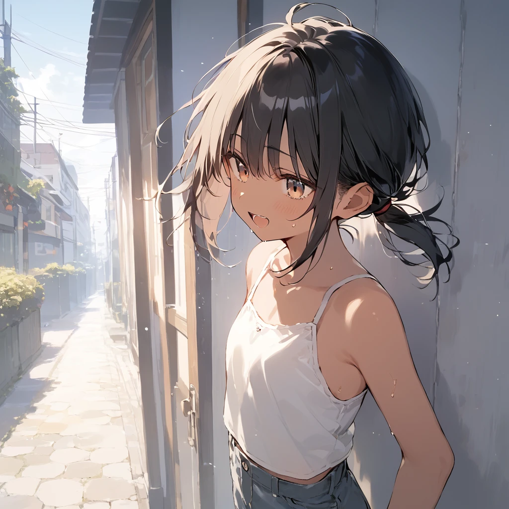 score_9, score_8_up, score_7_up, source_anime, best quality, masterpiece, official art, absurdres, highres, ultra-detailed,waifu2x,Collection: Slice of Life,break,1girl, tomboy, dark-skinned female, short hair, low ponytail, flat chest, beautiful detailed eyes, short shorts, sweat, open mouth, (yawn:0.3), sleepily, outdoors, wind, break,(clear line illustration:1.2),very high resolution, very aesthetic, super detailed skin, Best sexual lighting powered by famous artist, 8k,cute picture,beauty illustration,photoshop_(medium),,(Detailed Lighting),best anime 8k konachan wallpaper, pixiv contest winner,