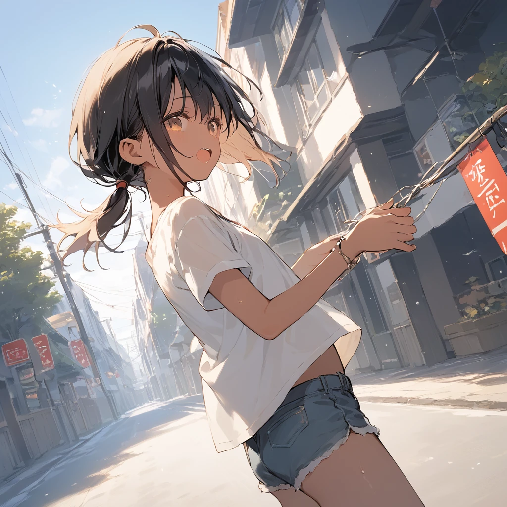 score_9, score_8_up, score_7_up, source_anime, best quality, masterpiece, official art, absurdres, highres, ultra-detailed,waifu2x,Collection: Slice of Life,break,1girl, tomboy, dark-skinned female, short hair, low ponytail, flat chest,  beautiful detailed eyes, short shorts, sweat, open mouth, (yawn:0.3), sleepily, outdoors, wind, break,(clear line illustration:1.2),very high resolution, very aesthetic, super detailed skin, Best sexual lighting powered by famous artist, 8k,cute picture,beauty illustration,photoshop_(medium),,(Detailed Lighting),best anime 8k konachan wallpaper, pixiv contest winner, 