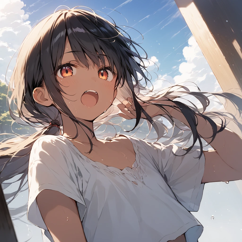 score_9, score_8_up, score_7_up, source_anime, best quality, masterpiece, official art, absurdres, highres, ultra-detailed,waifu2x,Collection: Slice of Life,break,1girl, tomboy, dark-skinned female, short hair, low ponytail, flat chest,  beautiful detailed eyes, short shorts, sweat, open mouth, (yawn:0.3), sleepily, outdoors, wind, break,(clear line illustration:1.2),very high resolution, very aesthetic, super detailed skin, Best sexual lighting powered by famous artist, 8k,cute picture,beauty illustration,photoshop_(medium),,(Detailed Lighting),best anime 8k konachan wallpaper, pixiv contest winner, 