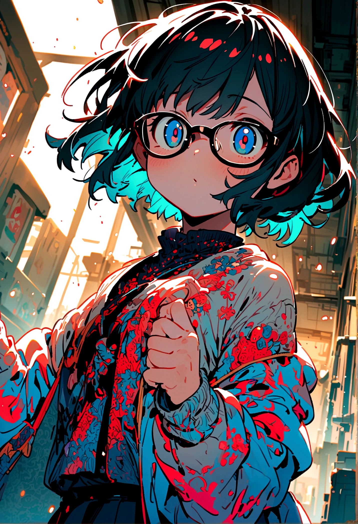 cute anime short hair asian girl with glasses