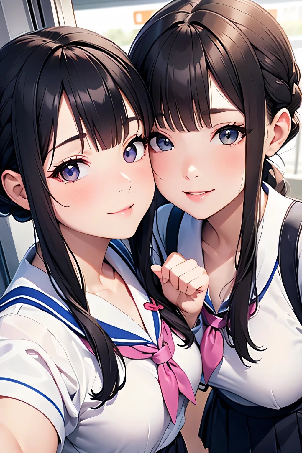 Highest quality、High resolution、Detailed Background、(Beautiful face in every detail:1.4)、Anatomically correct、(Hide your fingers:1.2)、(Detailed facial expressions)、(Detailed eyes:1.2)、 beauty、cute hair color、Braided Ponytail、Braided bob cut、Braided twin tails、Long Hair、well-groomed eyebrows、Perfect body line、Short-sleeved white sailor suit、White sailor collar、Checkered pleated mini skirt、White Stockings、In a joking manner、A fun atmosphere、A big smile、smile、Embrace each other、Cute gestures、(Two beautiful girls waiting for a train on the station platform)、cute