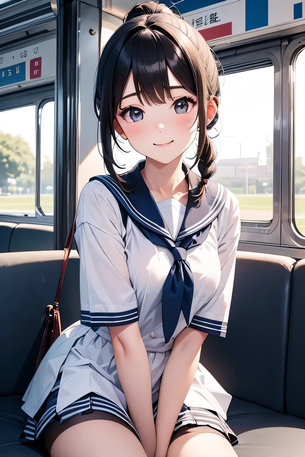 Highest quality、High resolution、Detailed Background、(Beautiful face in every detail:1.4)、Anatomically correct、(Hide your fingers:1.2)、(Detailed facial expressions)、(Detailed eyes:1.2)、 beauty、cute hair color、Braided Ponytail、Braided bob cut、Braided twin tails、Long Hair、well-groomed eyebrows、Perfect body line、Short-sleeved white sailor suit、White sailor collar、Checkered pleated mini skirt、White Stockings、In a joking manner、A fun atmosphere、A big smile、smile、Embrace each other、Cute gestures、(Two beautiful girls waiting for a train on the station platform)、cute