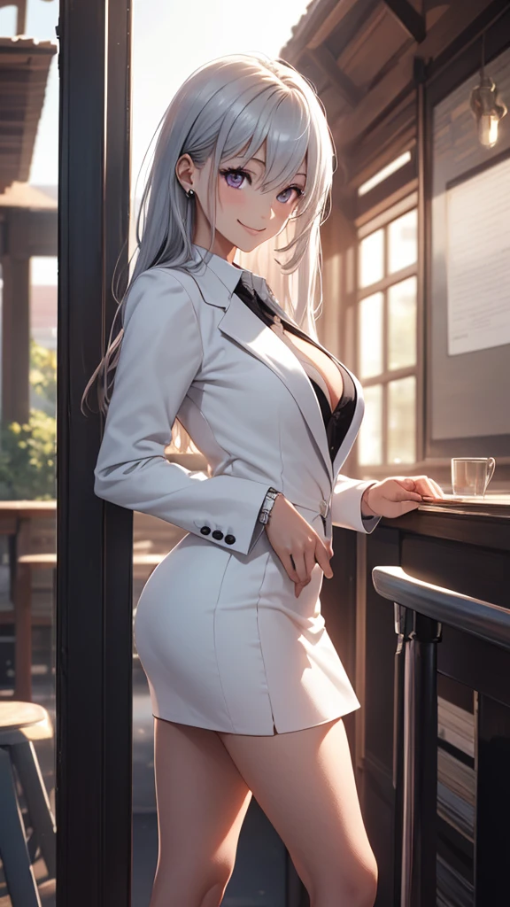 (masterpiece:1.2, top-quality), (realistic, photorealistic:1.4), beautiful illustration, (natural side lighting, movie lighting),
looking at viewer, cowboy shot, front view, 1 girl, japanese, high school girl, perfect face, cute and symmetrical face, shiny skin, babyface,
(long hair, straight hair, silver hair), hair between eyes, purple eyes, (middle breasts, seductive thighs, big ass), piercings,
beautiful hair, beautiful face, beautiful detailed eyes, beautiful clavicle, beautiful body, beautiful chest, beautiful thigh, beautiful legs, beautiful fingers,
((long sleeves, white collared shirt, black suit jacket, black pencil mini skirt), id card, strap, black high heels),
(beautiful scenery), evening, park, walking, (lovely smile, upper eyes), big tits, ((high resolution face))