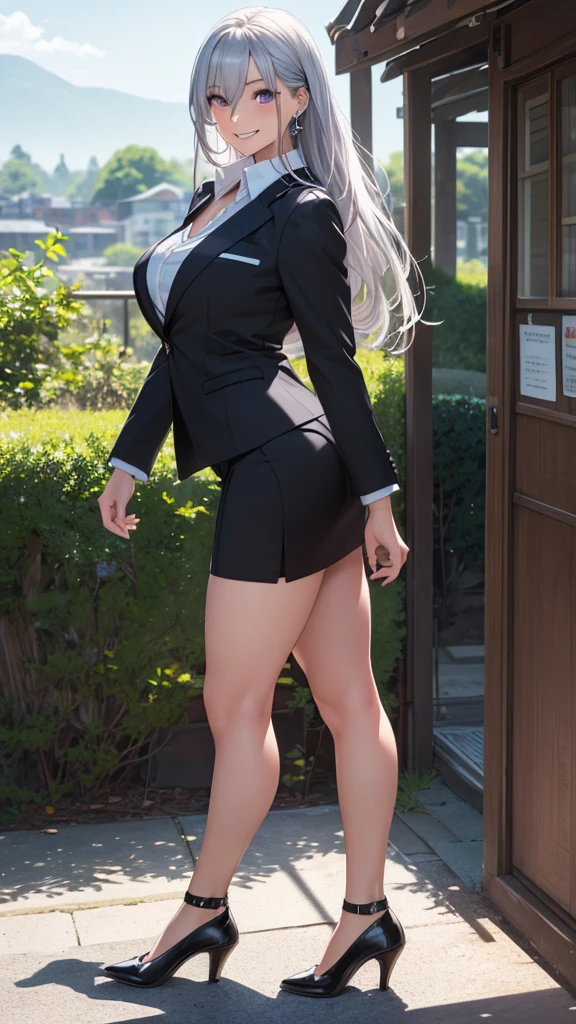 (masterpiece:1.2, top-quality), (realistic, photorealistic:1.4), beautiful illustration, (natural side lighting, movie lighting),
looking at viewer, cowboy shot, front view, 1 girl, japanese, high school girl, perfect face, cute and symmetrical face, shiny skin, babyface,
(long hair, straight hair, silver hair), hair between eyes, purple eyes, (middle breasts, seductive thighs, big ass), piercings,
beautiful hair, beautiful face, beautiful detailed eyes, beautiful clavicle, beautiful body, beautiful chest, beautiful thigh, beautiful legs, beautiful fingers,
((long sleeves, white collared shirt, black suit jacket, black pencil mini skirt), id card, strap, black high heels),
(beautiful scenery), evening, park, walking, (lovely smile, upper eyes), big tits, ((high resolution face))