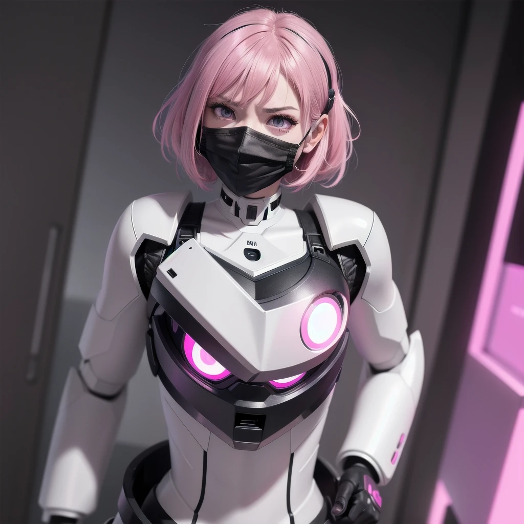 ((of the highest quality)), ((master piece)), (detail:1.4), Translucent white material with mechanical parts and transparent skin, Beautiful woman in cyber bodysuit made of gray carbon material, Glowing pale with LEDs, (Wide open chest), Ticker (High dynamic range), Ray tracing, NVIDIA RTX, Super Resolution, Subsurface Scattering PBR Texturing, Post-processing, Anisotropy Filtering, depth of fields, Surface Shading, Accurate simulation of light/Material Interactions, perfectly proportions, Two-tone lighting, Wide aperture, Low ISO, White Balance, 8K, (((cyber mouth masker))), 25 year old woman, Cyber headgear with dull glowing LEDs, knee high, Dull bangs beautiful short hair, ((Cyber hood with dull glowing LEDs)), beautiful short pink hair, Skin of the hips and thighs, Beautiful body, Chest to feel gravity, (Medium breasts: 1.0), Simple and minimalistic space, upright pose, Looking down, steel mouth masker, close up, (((cyber helemet)))