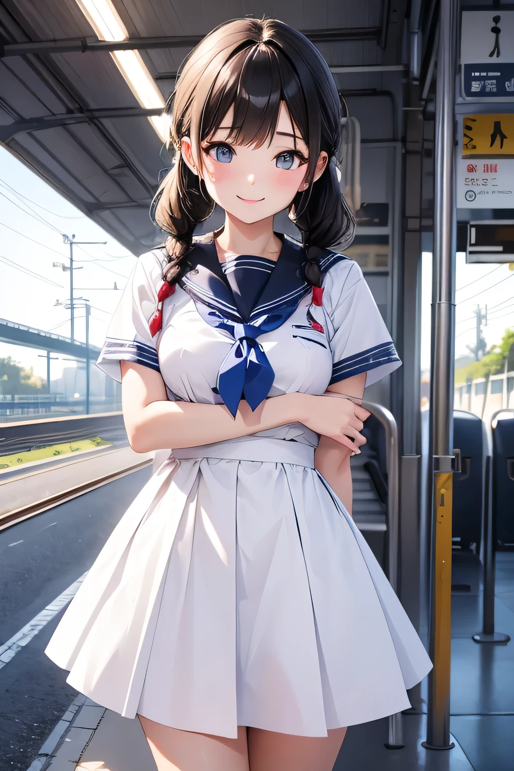 Highest quality、High resolution、Detailed Background、(Beautiful face in every detail:1.4)、Anatomically correct、(Hide your fingers:1.2)、(Detailed facial expressions)、(Detailed eyes:1.2)、Teenage beauty、cute hair color、Braided Ponytail、Braided bob cut、Braided twin tails、Long Hair、well-groomed eyebrows、Perfect body line、Short-sleeved white sailor suit、White sailor collar、Checkered pleated mini skirt、White Stockings、In a joking manner、A fun atmosphere、A big smile、smile、Embrace each other、Cute gestures、(Two beautiful girls waiting for a train on the station platform)、cute