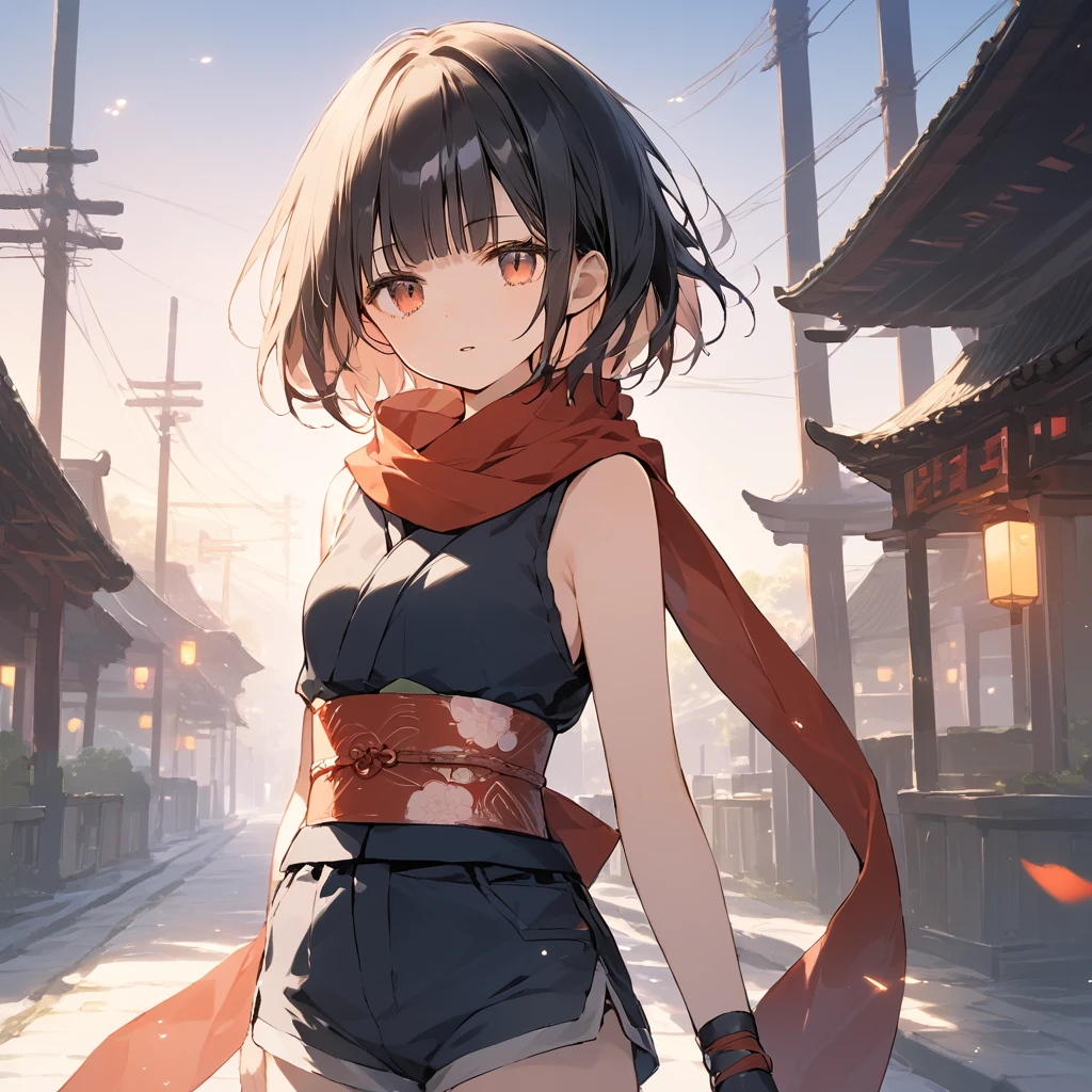 score_9, score_8_up, score_7_up, source_anime, best quality, masterpiece,ultra-detailed,official art, absurdres, highres, waifu2x, break,1girl, ninja girl, short hair, blunt bangs, small breasts,beautiful detailed eyes, expressionless, parted lips, sleeveless,obi, shorts, scarf,  night, outdoors, break,(clear line illustration:1.2),very high resolution, very aesthetic, super detailed skin, Best cinematic lighting powered by famous artist, 8k,cute picture,beauty illustration,photoshop_(medium),,(Detailed Lighting),best anime 8k konachan wallpaper, pixiv contest winner, 
