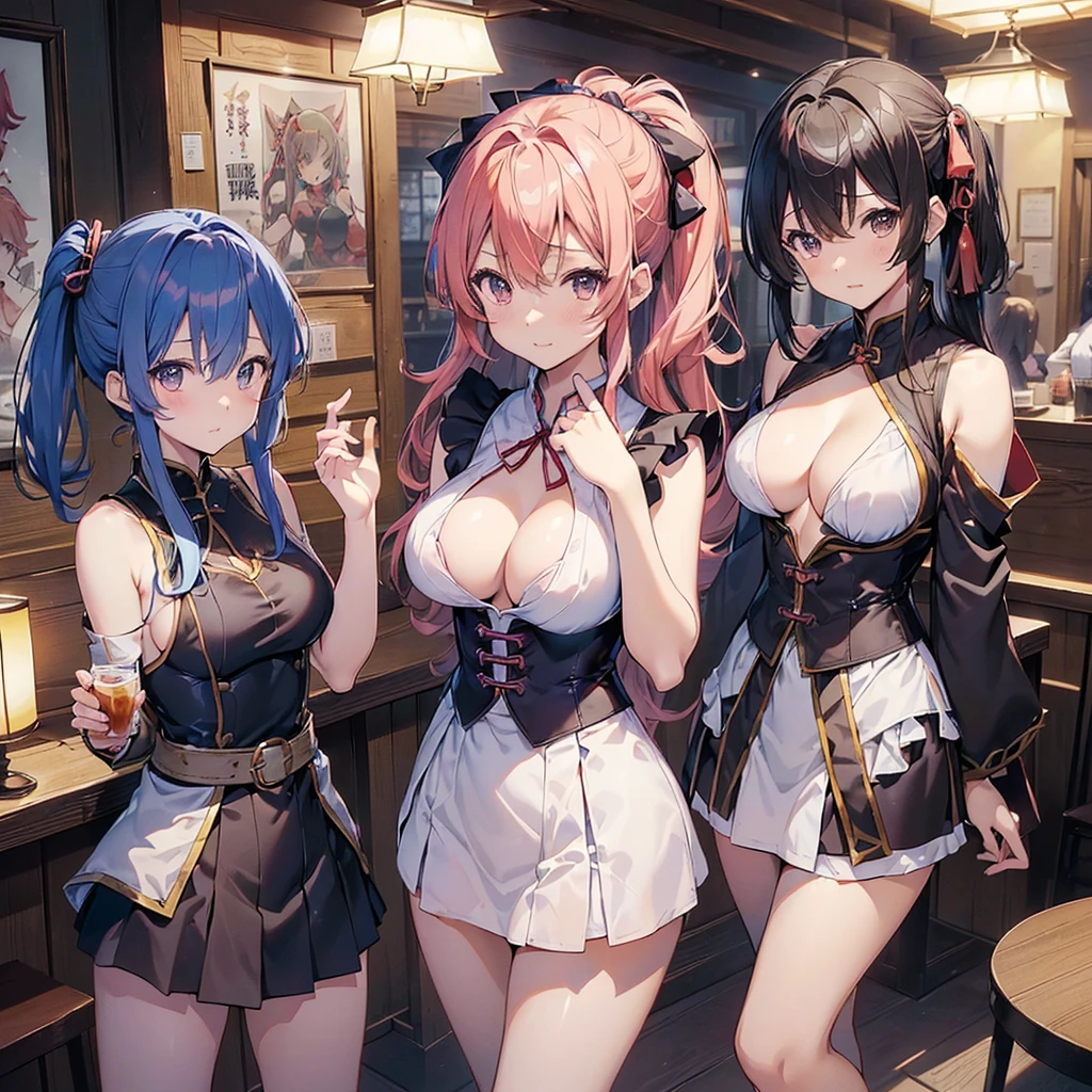 ((((Haremの4人のキャラクターが笑顔で描かれました))))、A group of female adventurers set in a medieval fantasy world,Dragon Quest、 (At the pub), Various Hair Styles, (Harem), night, detailed aspects, (White clothes), (Clothes without fabric), High V-neck, (Exposed breasts:1.5), (Exposed Skin:1.5), (Micro Mini Skirt), Seduce, Sleeveless、Showing invisible panties、Large Breasts、A little bigger ass、Waist、Pulling up her short skirt