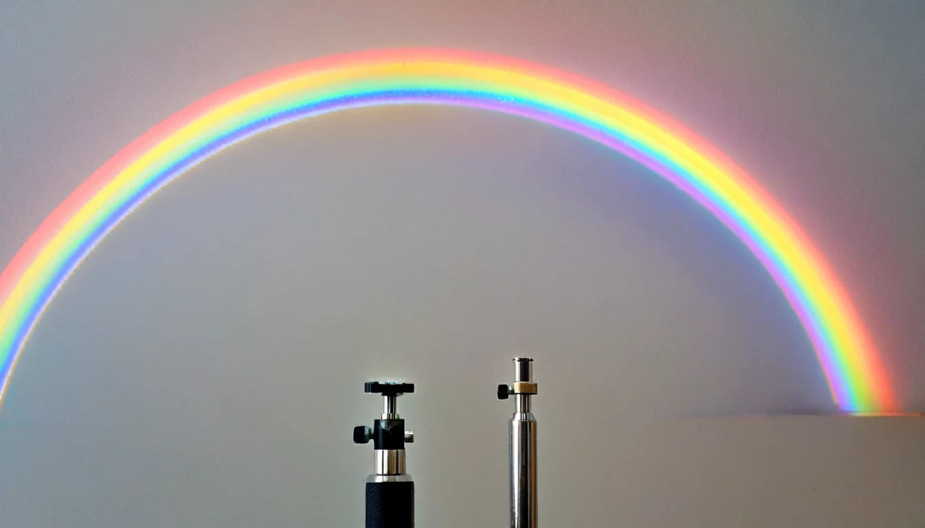 Imagen de una cruz y un microscopio enfrentados pero conectados por un lazo de luz o un arco iris.