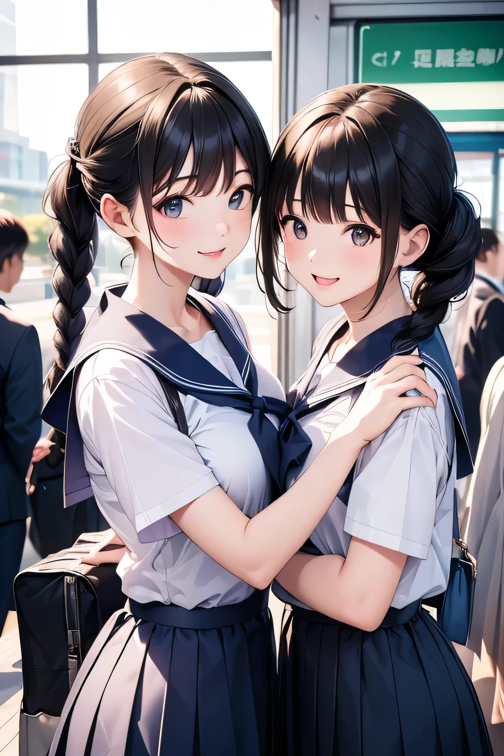 Highest quality、High resolution、Detailed Background、(Beautiful face in every detail:1.4)、Anatomically correct、(Hide your fingers:1.2)、(Detailed facial expressions)、(Detailed eyes:1.2)、Teenage beauty、cute hair color、Braided Ponytail、Braided bob cut、Braided twin tails、Long Hair、well-groomed eyebrows、Perfect body line、Short-sleeved white sailor suit、White sailor collar、Checkered pleated mini skirt、White Stockings、In a joking manner、A fun atmosphere、A big smile、smile、Embrace each other、Cute gestures、(Two beautiful girls waiting for a train on the station platform)、cute