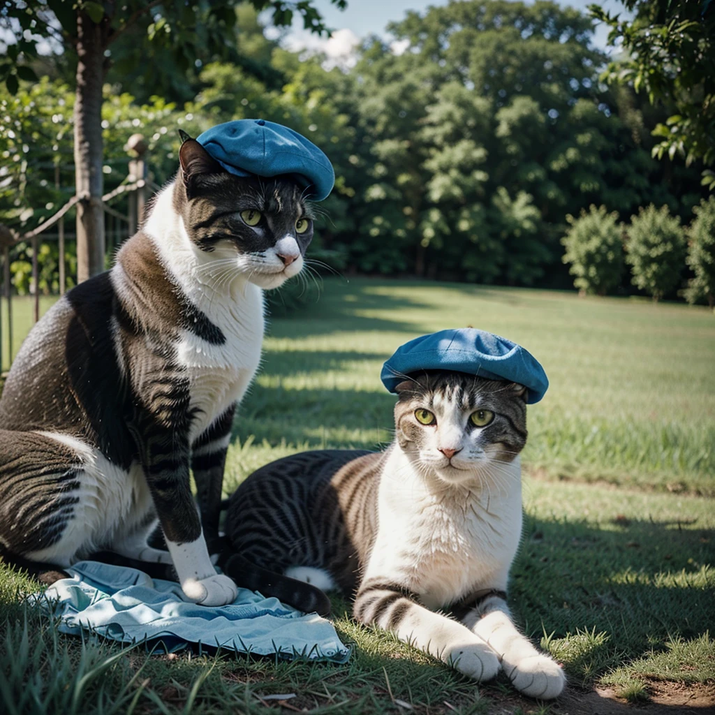 Photography of a cat with a blue cap, film grain, green grass landscape, F/8, ISO400, 85mm