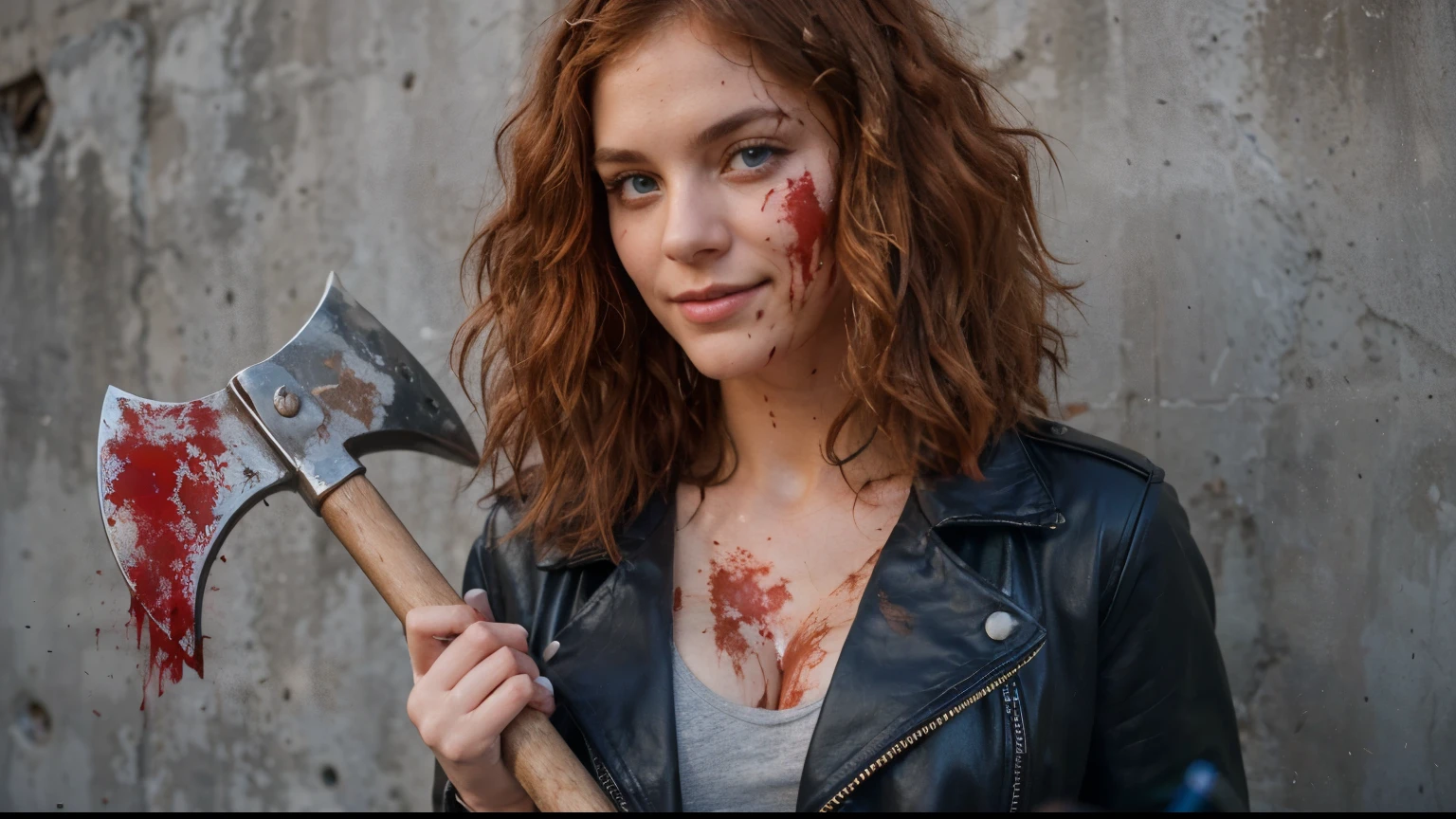 The image shows a young woman with striking blue eyes and wavy red hair, a sarcastic smile who appears to have been involved in some type of fight or accident. She is holding a large metal ax with blood on it, which suggests she may have used it for self-defense or as a weapon. Her costume consists of a black leather jacket over a large with large breasts,ere is visible dirt or debris on her face and clothing, indicating that the scene may be outdoors or in an unkempt environment. The background is a solid color, which puts the focus entirely on her and the axe.