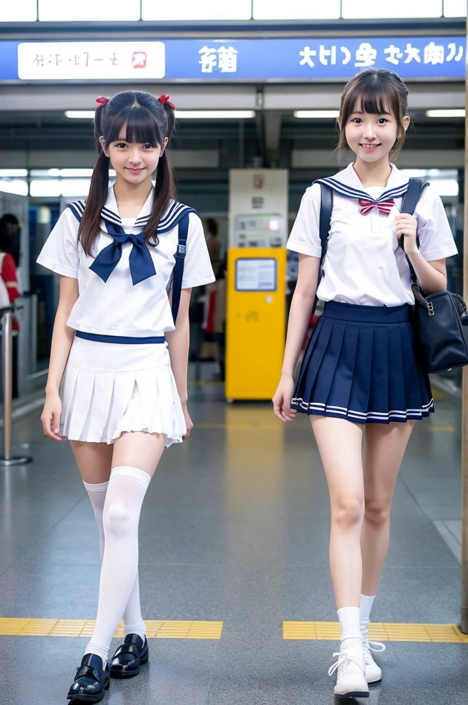 2 girls walking in Japanese railway station,short-sleeved white sailor leotard with blue skirt frills,red bow tie,school bags,18-year-old,bangs,a little smile,large bare thighs,knees,legs apart,short hair with low pigtails,from before,front light