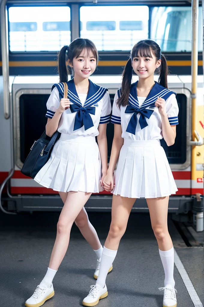 2 girls walking in Japanese railway station,short-sleeved white sailor leotard with blue skirt frills,red bow tie,school bags,18-year-old,bangs,a little smile,large bare thighs,knees,legs apart,short hair with low pigtails,from before,front light
