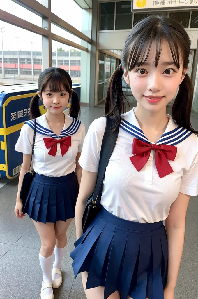 2 girls walking in Japanese railway station,short-sleeved white sailor leotard with blue skirt frills,red bow tie,school bags,18-year-old,bangs,a little smile,large bare thighs,knees,legs apart,short hair with low pigtails,from before,front light