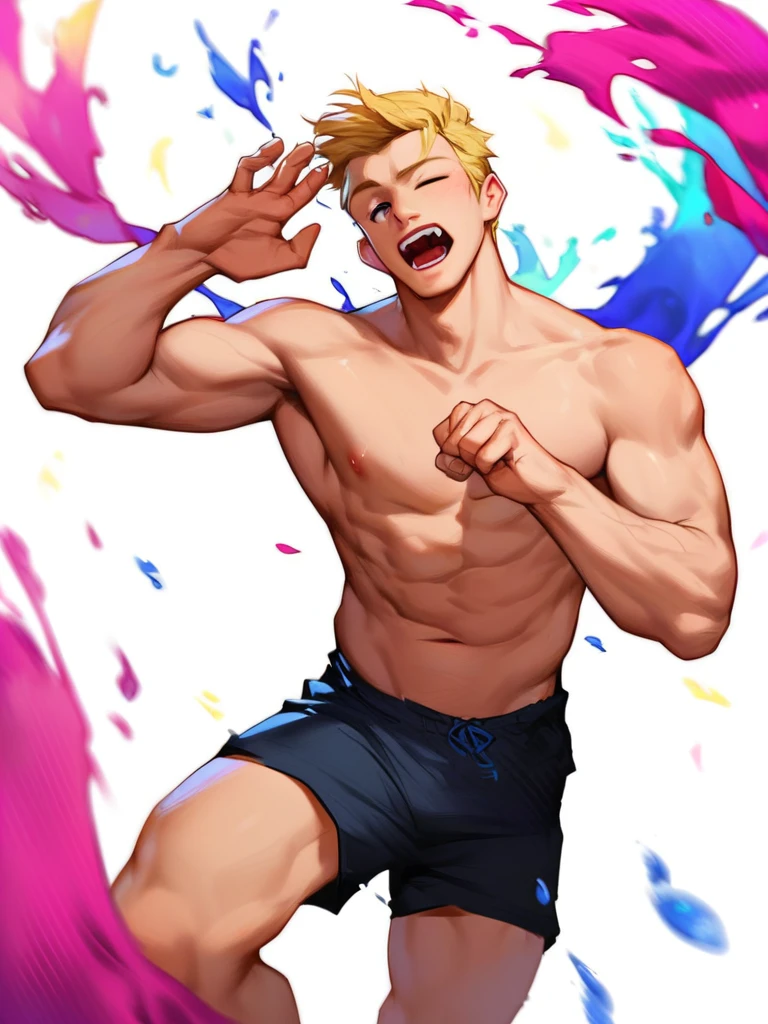 score_9, score_8_up, score_7_up, score_6_up, boy, blonde hair, one eye closed, yawning, shirtless, black shorts, cool, front, muscular, looking at viewer, simple white background, dynamic pose, splash art, concept art, RinotunaYei,