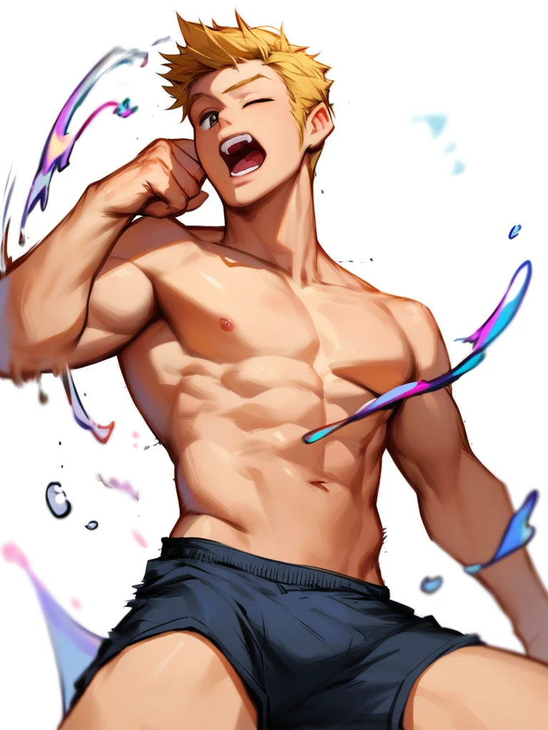 score_9, score_8_up, score_7_up, score_6_up, boy, blonde hair, one eye closed, yawning, shirtless, black shorts, cool, front, muscular, looking at viewer, simple white background, dynamic pose, splash art, concept art, RinotunaYei, 