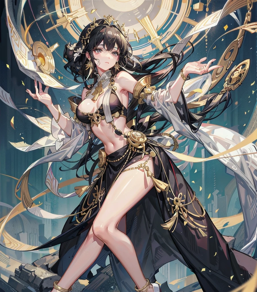 medium hair, black hair, medium tits, tearful mole, earring, whole body, gorgeous belly-dancer in jewelry-dress, white marble castle with golden ornates, Transparent white hanfu golden ornates, gold jewels,