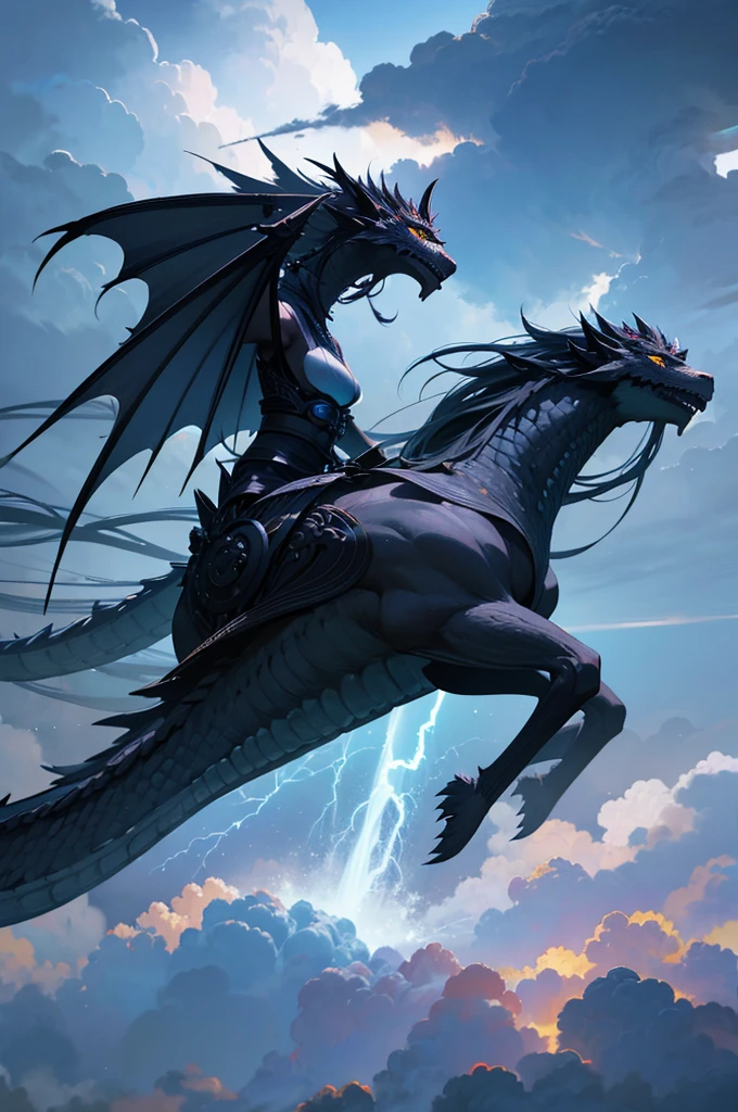 a beautiful detailed anime girl with black long hair riding on a dragon, flying through the cloudy blue sky, wearing a traditional japanese outfit, dramatic lightning and stormy weather in the background, (best quality,4k,8k,highres,masterpiece:1.2),ultra-detailed,(realistic,photorealistic,photo-realistic:1.37),intricate details,stunning colors,dynamic composition,cinematic lighting,dramatic atmosphere