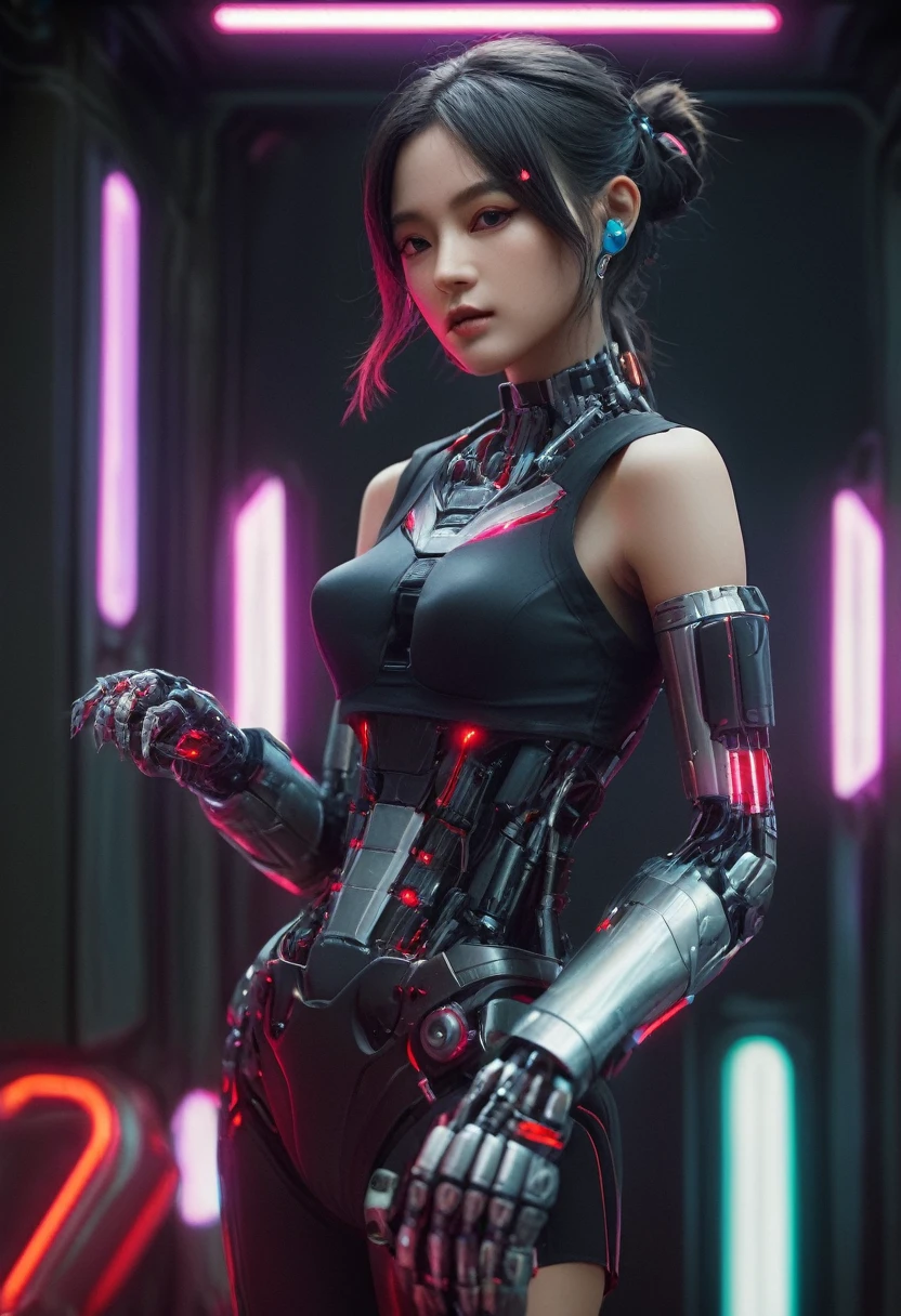 xxmixgirl. Highly detailed professional 35mm film, bokeh, face in sharp focus. A robotic female, Miku, with ((metal skin)), ((perfect Asian eyes)) with magenta irises and ((black pupils)), beautiful serious (detailed face), 18 year old ((photorealistic face)), very long magenta twin tails of magenta hair, twin black hair ties with a single red stripe. She may have a black audio headpiece. We can see her ((full body)) down to her boot soles. Her outfit is a sleeveless collared light grey shirt, outlined in red around the frilled collar and hems. Shiny reflective ((metallic breast cups, dimpleless)), invisible nipples. She wears black sleeves with red hems that start around her upper arm and bellow out as the sleeves open and extend to her wrists, with wide trumpet red rimmed cuffs. She has perfect robotic (detailed hands). She wears a red colored tie with two horizontal solid parallel black lines halfway across. She wears a fabric black skirt with a horizontal red hem at the bottom all the way around; her (((black skirt wraps around her))) and ((her skirt completely covers)) her robotic waist and thighs. Tall black boots with red bottom soles, a red rim around the top at her thighs. Her mechanical shoulder joints are visible. We can see her robotic legs and robotic neck. Half of her is covered with shiny polished machinery. The background is a distant dark neon futuristic Japanese city, gold, cyan, violet neon, near harbor or mountains.