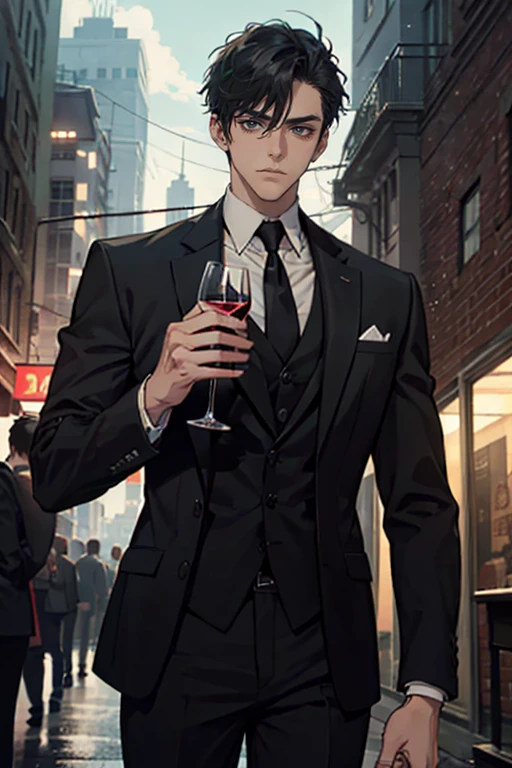 ((One young man with a black suit and tie)), gotham, alejandro, (((side swept black short hair))), (dark green eyes and thick eyebrows), smirk, ((20 years old)), ((masterpiece)), posture dynamic, cinematic lighting, hold a glass of wine