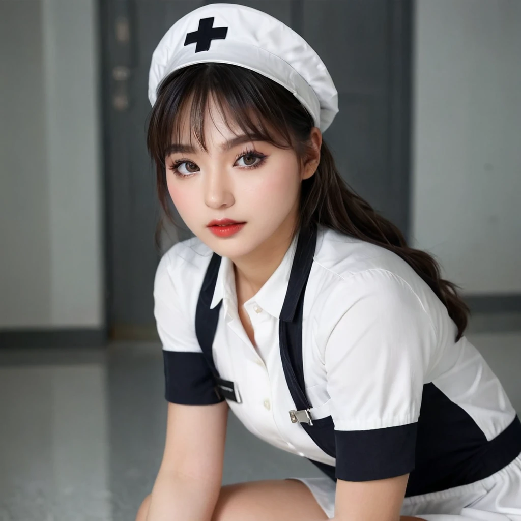 a sexy young beautiful nurse wearing a tight latex nurse uniform, (legs spread squatting in a bold pose:1.9), nurse cap, medical clipboard, night, on duty, erotic atmosphere, (best quality,4k,8k,highres,masterpiece:1.2),ultra-detailed,(realistic,photorealistic,photo-realistic:1.37), (intricate,highly detailed,hyper-realistic:1.2), (delicate facial features,beautiful detailed eyes,beautiful detailed lips,extremely detailed eyes and face,long eyelashes:1.4), cinematic lighting, dramatic lighting, chiaroscuro lighting, dramatic shadows, moody lighting, sensual, alluring, captivating, enticing, seductive