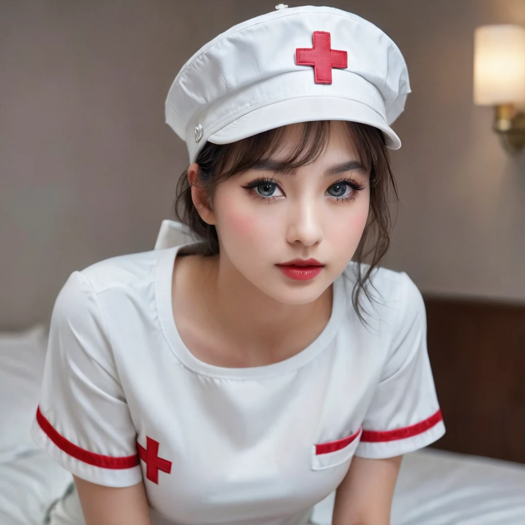 a sexy young beautiful nurse wearing a tight latex nurse uniform, (legs spread squatting in a bold pose:1.9), nurse cap, medical clipboard, night, on duty, erotic atmosphere, (best quality,4k,8k,highres,masterpiece:1.2),ultra-detailed,(realistic,photorealistic,photo-realistic:1.37), (intricate,highly detailed,hyper-realistic:1.2), (delicate facial features,beautiful detailed eyes,beautiful detailed lips,extremely detailed eyes and face,long eyelashes:1.4), cinematic lighting, dramatic lighting, chiaroscuro lighting, dramatic shadows, moody lighting, sensual, alluring, captivating, enticing, seductive