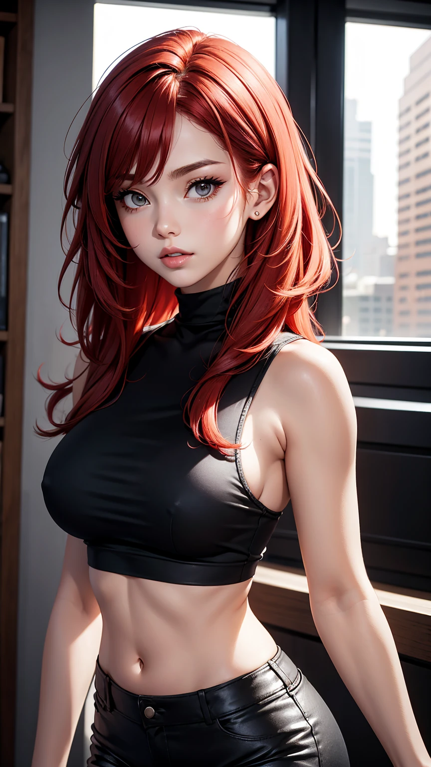 1 babe, red hair, long hair, black crop top, sleeveless, turtleneck, , black shorts, parted lips, large breasts