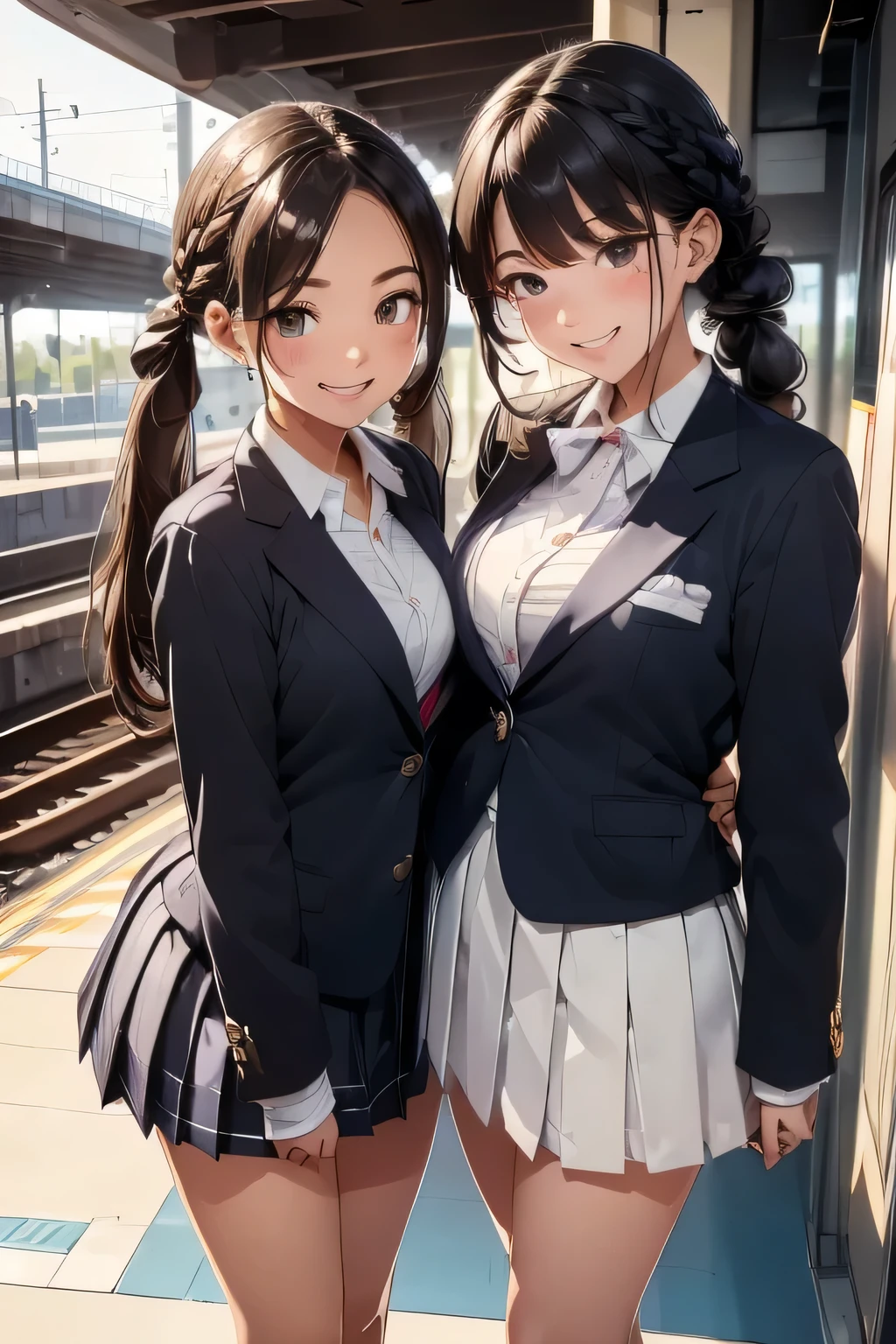 Highest quality、High resolution、Detailed Background、(Beautiful face in every detail:1.4)、Anatomically correct、(Hide your fingers:1.2)、(Detailed facial expressions)、(Detailed eyes:1.2)、Teenage beauty、cute hair color、Braided Ponytail、Braided bob cut、Braided twin tails、Long Hair、well-groomed eyebrows、Perfect body line、Short-sleeved white sailor suit、White sailor collar、Checkered pleated mini skirt、White Stockings、In a joking manner、A fun atmosphere、A big smile、smile、Embrace each other、Cute gestures、(Two beautiful girls waiting for a train on the station platform)、cute