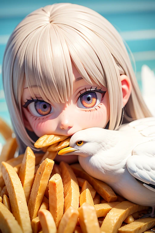 (Highly detailed face, avert your eyes:1.1), (Seagull eating french fries)