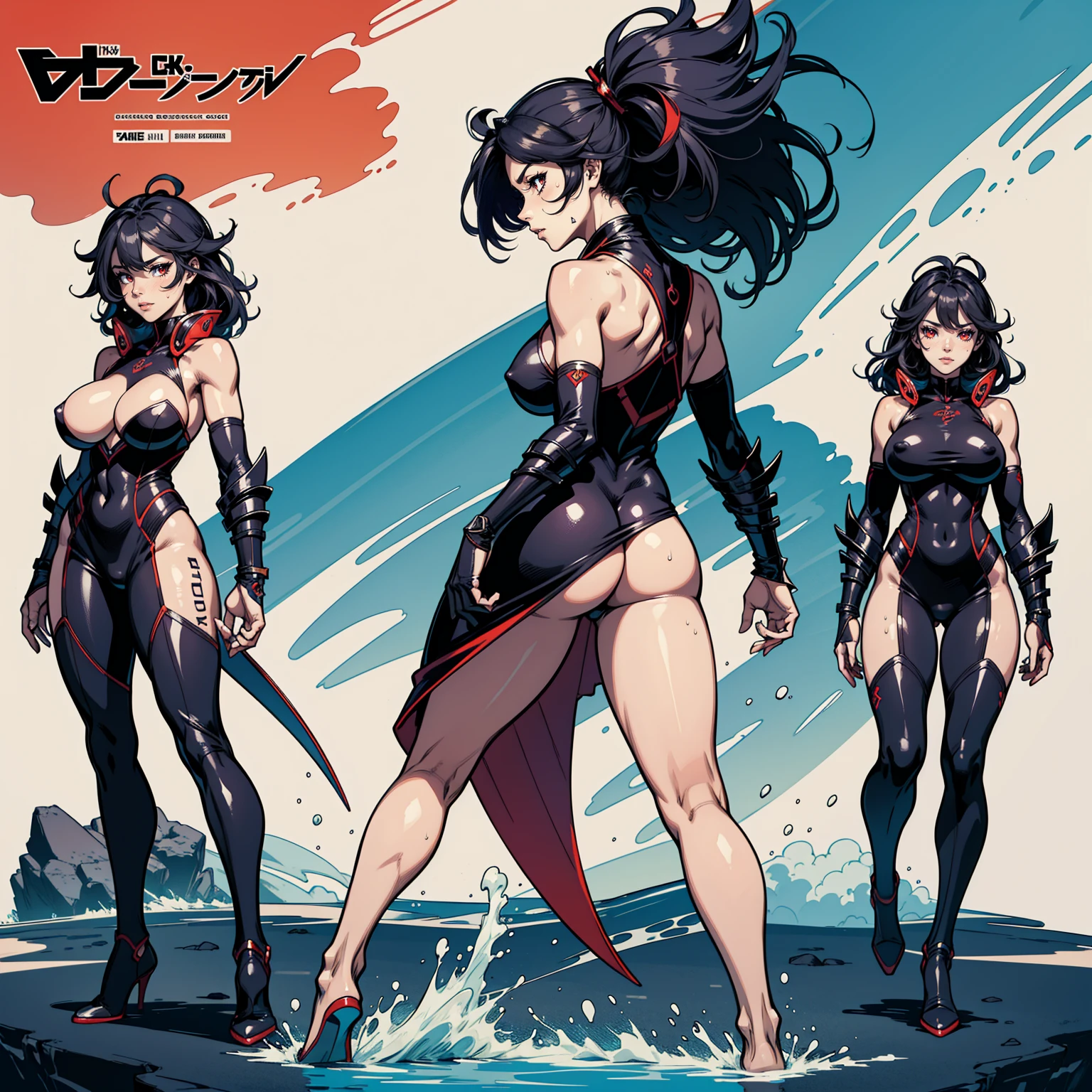 Masterpiece, Ultra extremely detailed, Insanely Definition - quality, 8k, (vibrant colors,vibrant theme), (intricate), full body , NSFW Black Woman, huge breast, athletic, dark dress, sweating , sea, dolphin , full body view, full shot, front view, back view, character design, character sheet, red eyes, strong highlights, sharp outlines, sharp shadows, 8k, high quality, solid white background, cell shading ,perfect body curve, full character sheet, full body, multiple poses and expression on white background, comic book art style