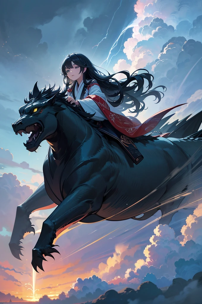 a beautiful detailed anime girl with black long hair riding on a dragon, flying through the cloudy blue sky, wearing a traditional japanese outfit, dramatic lightning and stormy weather in the background, (best quality,4k,8k,highres,masterpiece:1.2),ultra-detailed,(realistic,photorealistic,photo-realistic:1.37),intricate details,stunning colors,dynamic composition,cinematic lighting,dramatic atmosphere