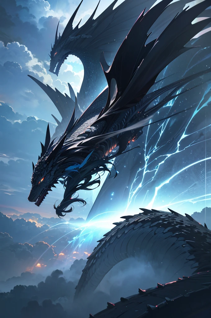 a beautiful detailed anime girl with black long hair riding on a dragon, flying through the cloudy blue sky, wearing a traditional japanese outfit, dramatic lightning and stormy weather in the background, (best quality,4k,8k,highres,masterpiece:1.2),ultra-detailed,(realistic,photorealistic,photo-realistic:1.37),intricate details,stunning colors,dynamic composition,cinematic lighting,dramatic atmosphere